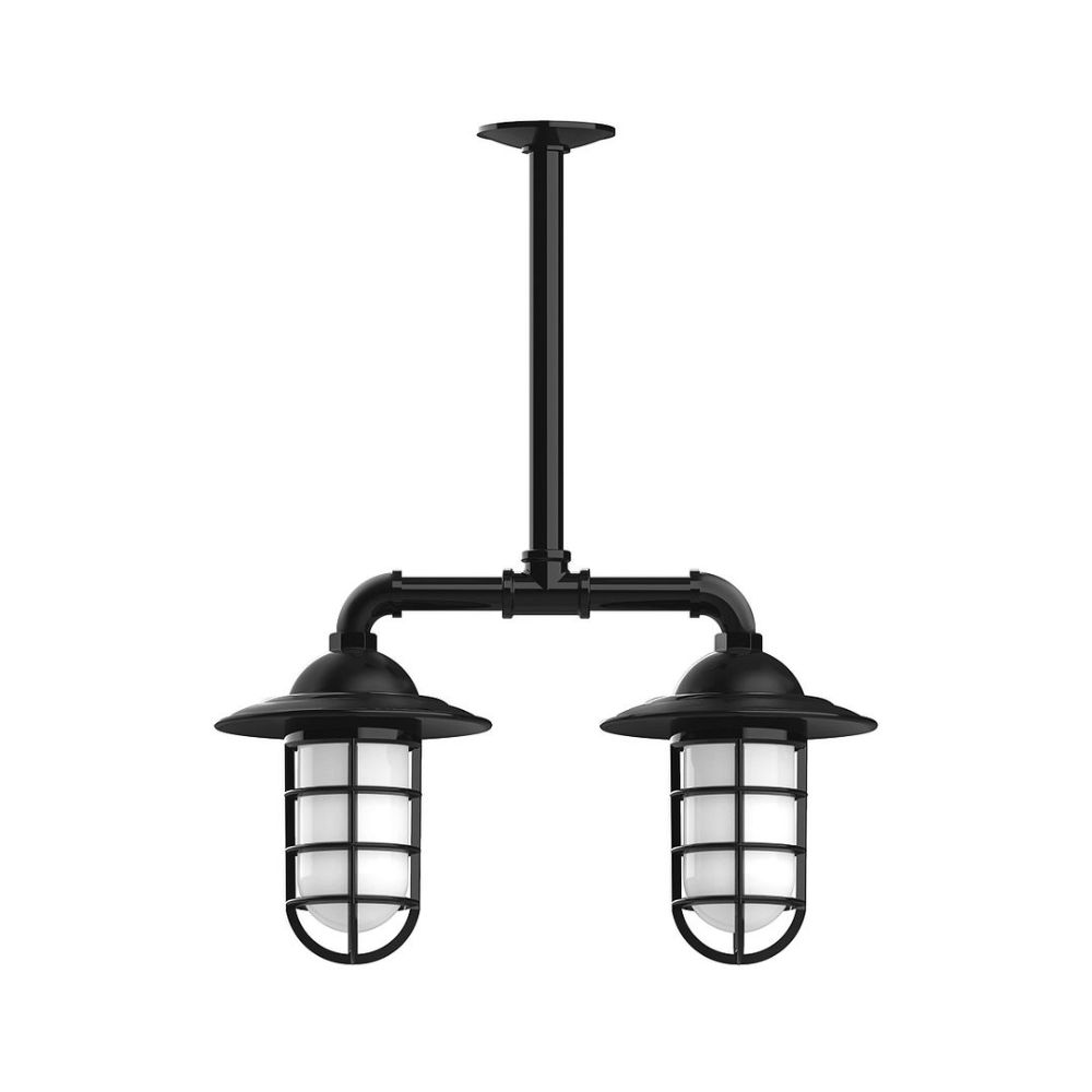 Montclair Lightworks MSA052-41-T24-G07 Vaportite, Style A shade, 2-light stem hung pendant with frosted glass and cast guard, Black